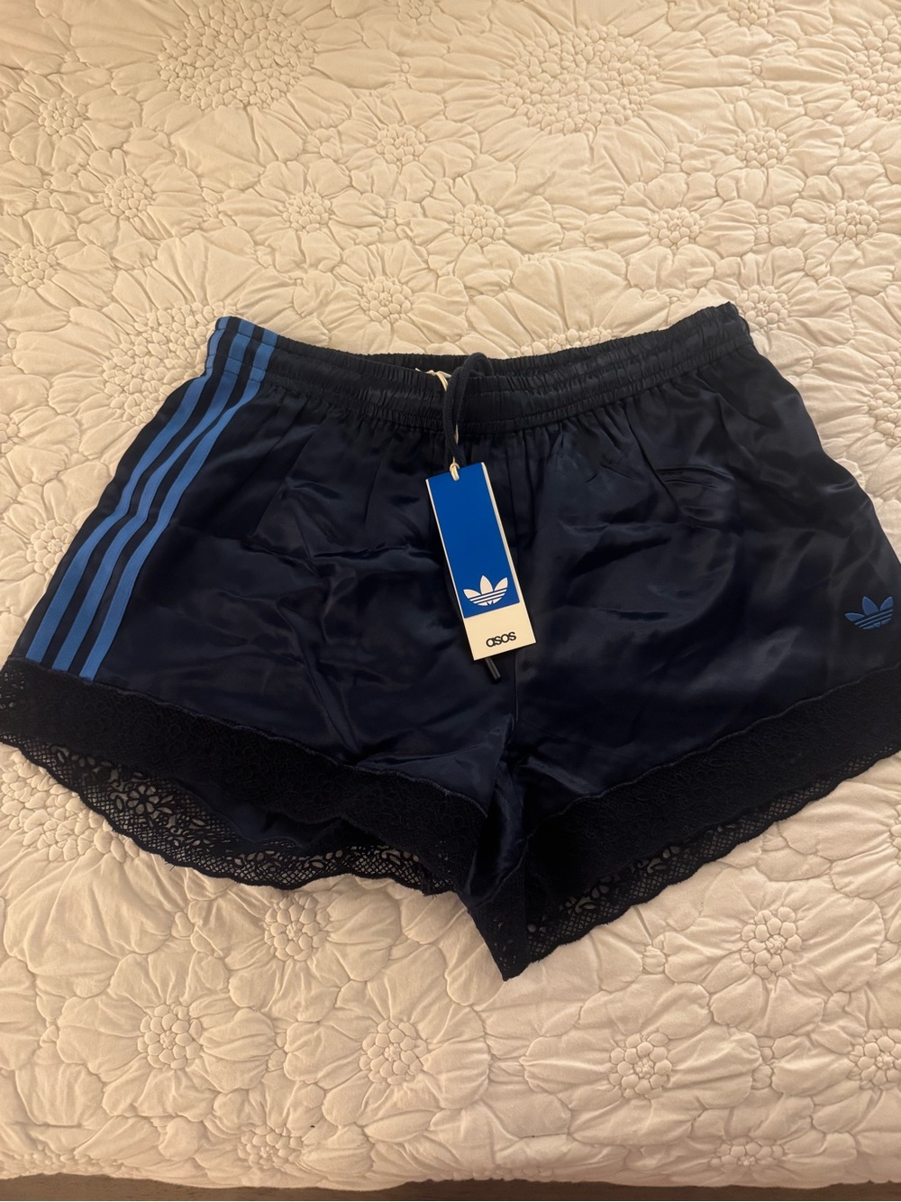 Adidas Original x ASOS Regular Fit Lace Hem Shorts In Navy Satin - Picture 3 of 7